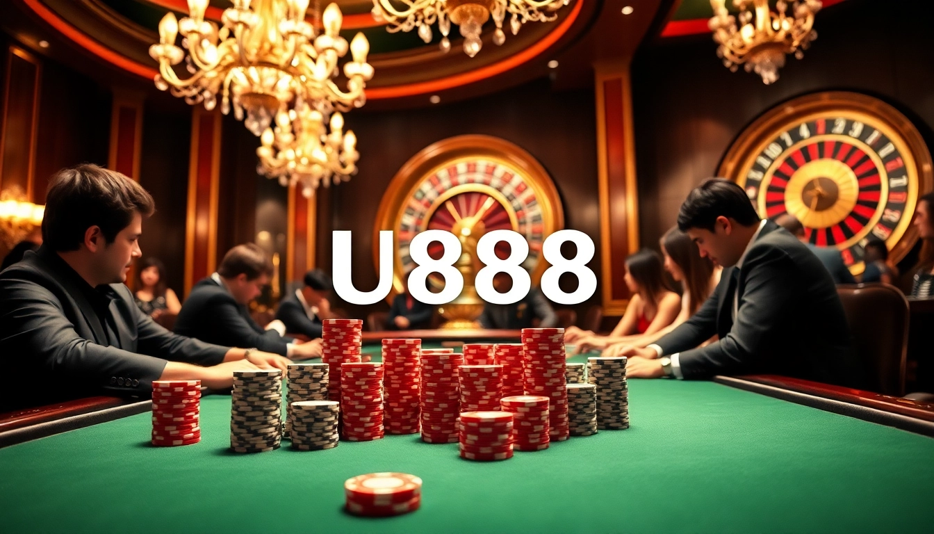 U888 casino players engaged in an exciting game at a luxurious table with poker chips and roulette.