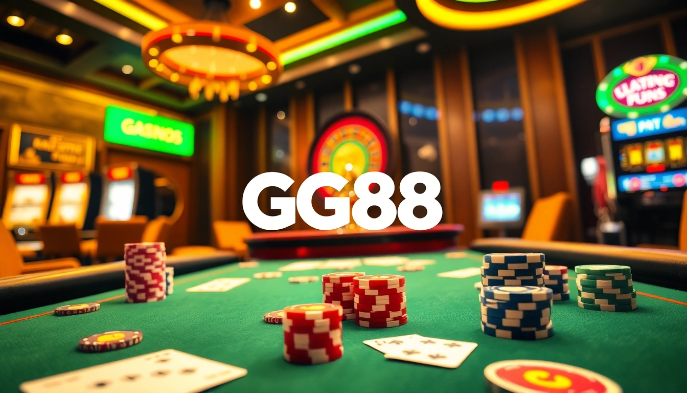Exciting casino scene showcasing GG88 with poker chips, cards, and a roulette wheel for a thrilling experience.