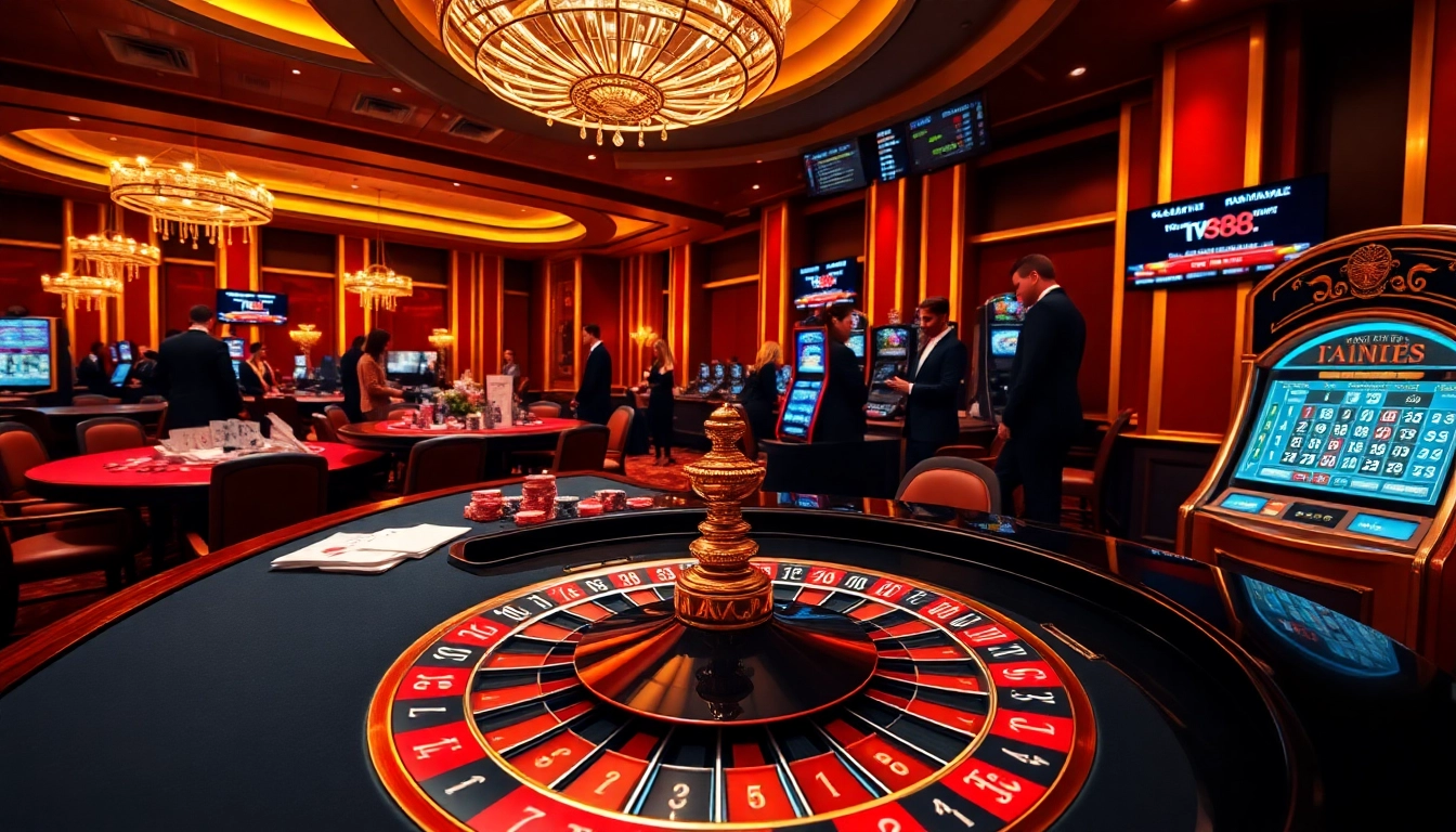 Experience exhilarating gaming at tv88.page with a dynamic casino scene featuring roulette and poker.