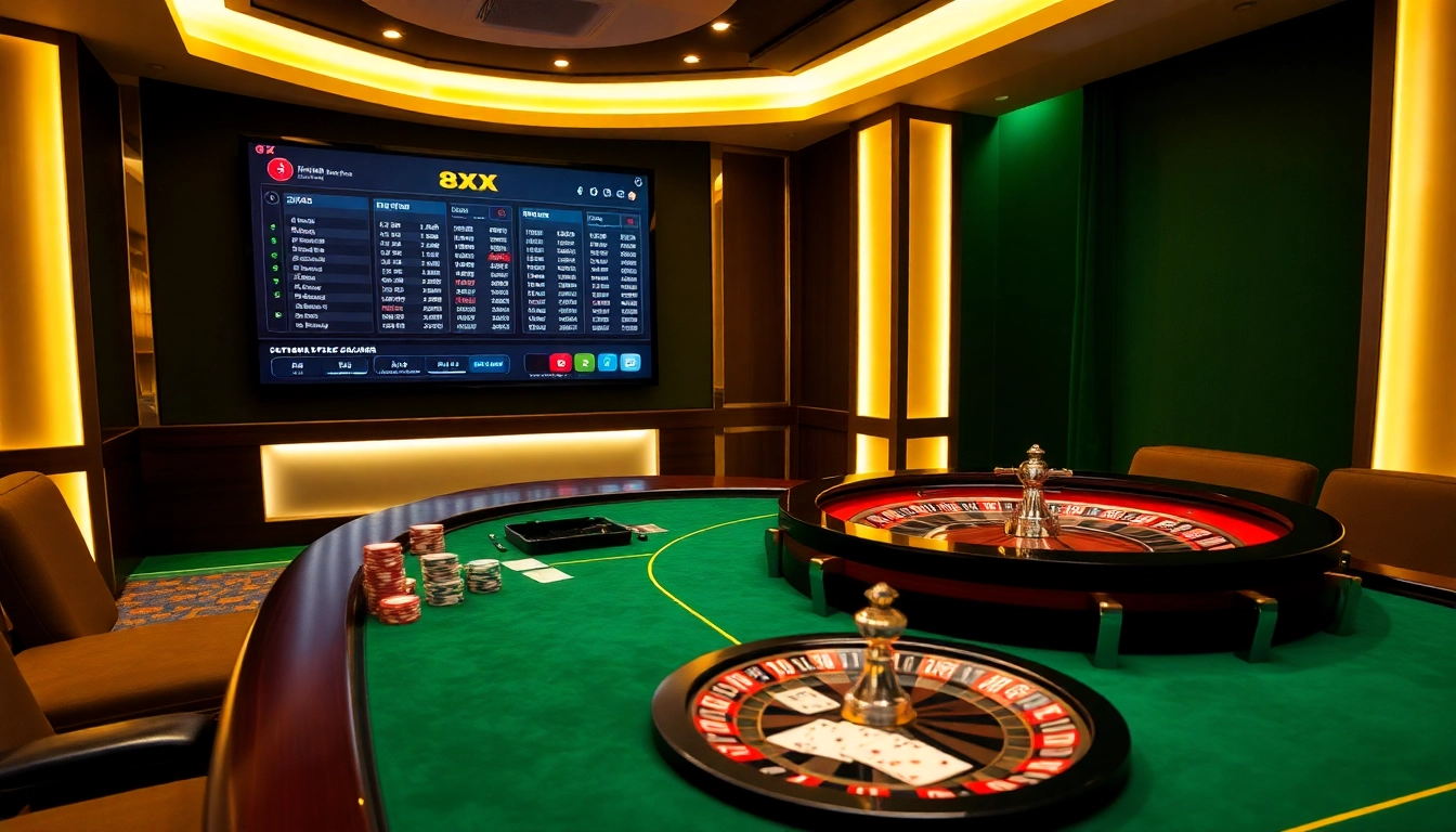 Experience the excitement of gambling at 8XX with an elegant casino ambiance featuring luxurious gaming tables and vibrant poker chips.
