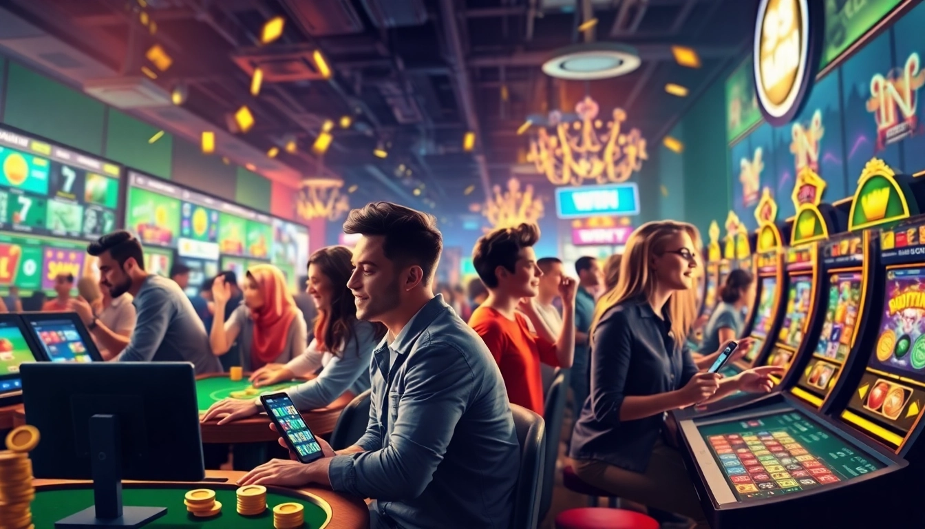 Exciting scene depicting diverse players engaged in various 98 win online gambling games, emphasizing vibrant casino atmosphere.