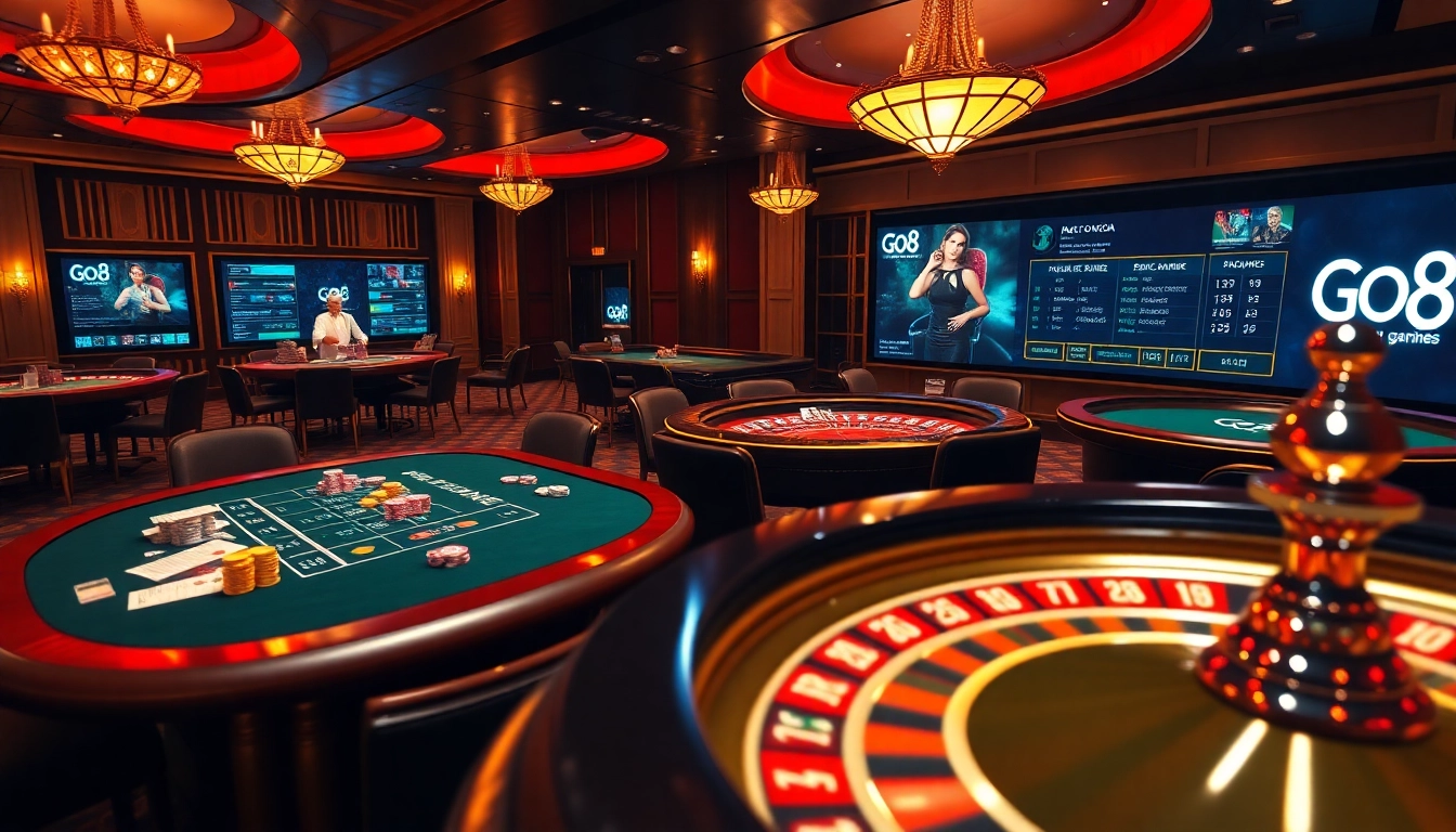 Go8 casino tables bustling with excitement showcasing poker and roulette.