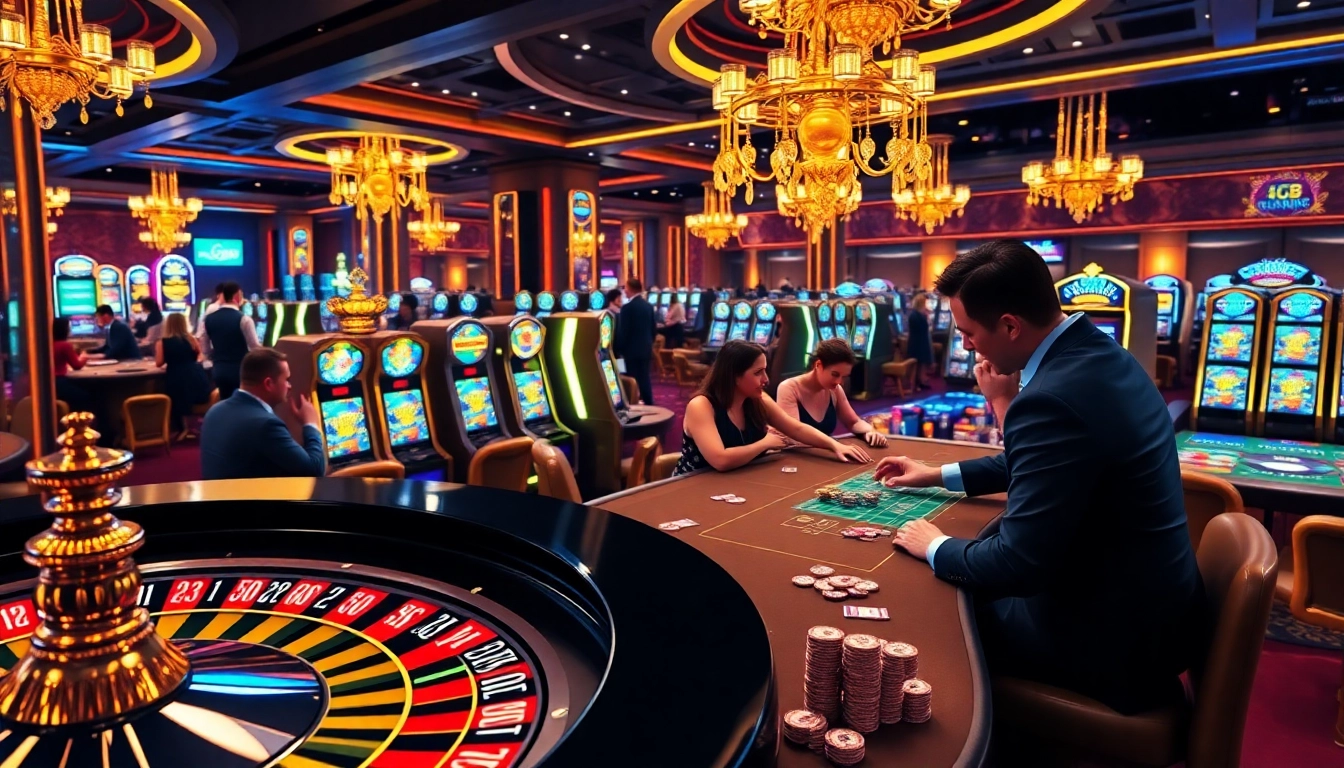 Engage with thrilling games at Go88 Casino featuring stunning roulette wheels and vibrant slot machines.