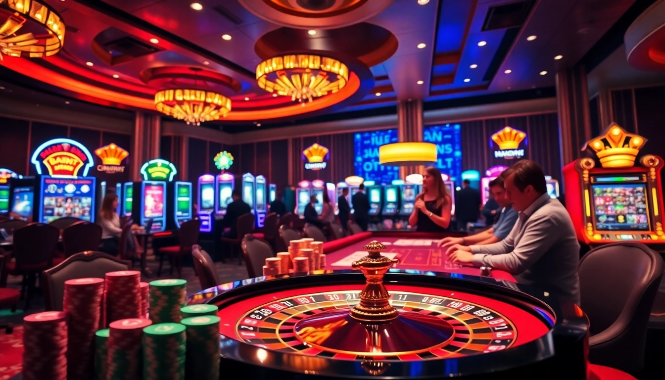 Engaging casino scene showcasing vibrant gaming at okfun.cn.com with roulette, poker, and slot machines.