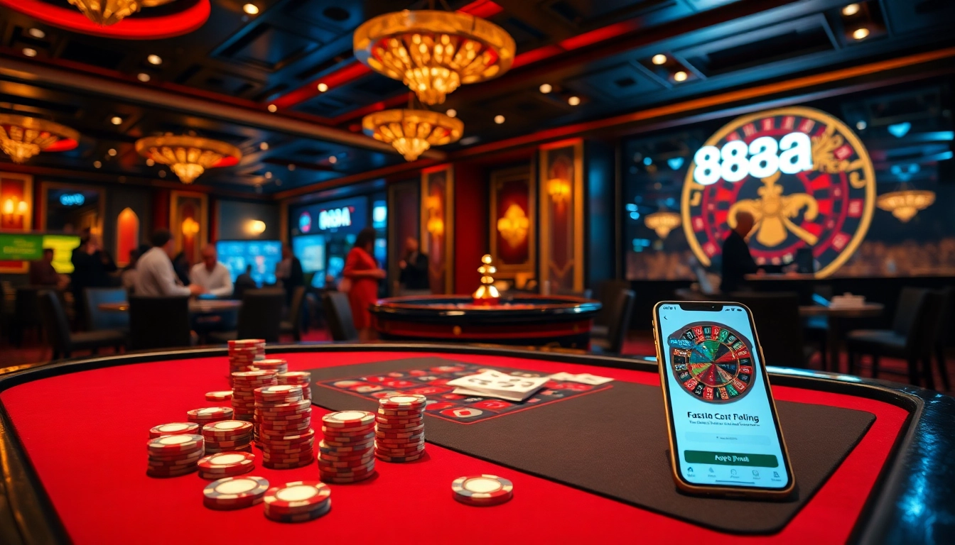 Players enjoying a high-stakes poker game at 88aa casino, surrounded by vibrant decor and excitement.