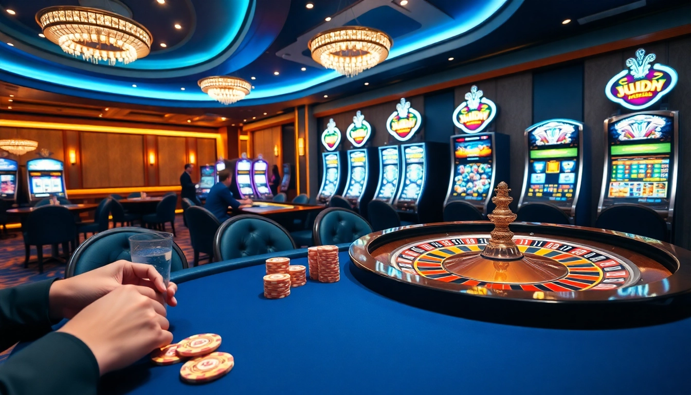JBO-themed casino scene showcasing high-stakes poker and roulette excitement.