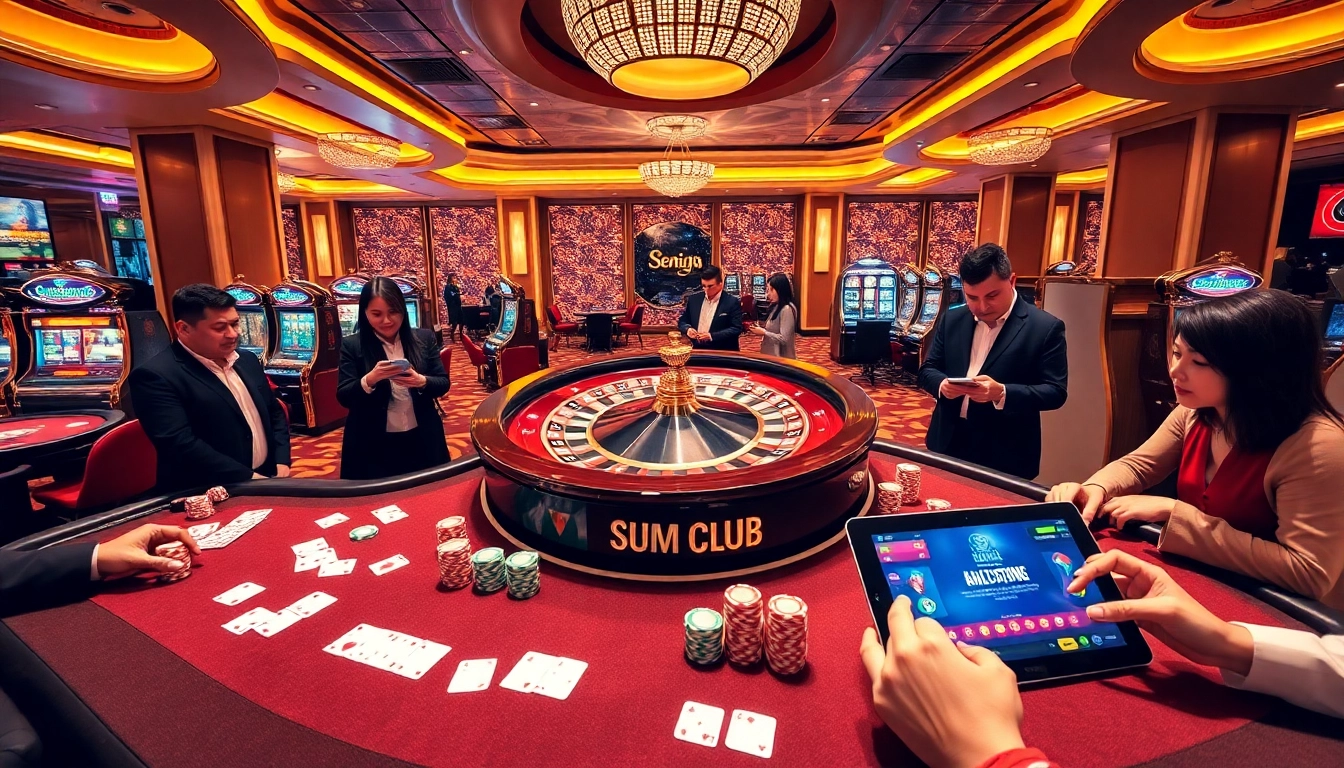 SumClub players winning big at vibrant casino tables with roulette, slots, and poker games.