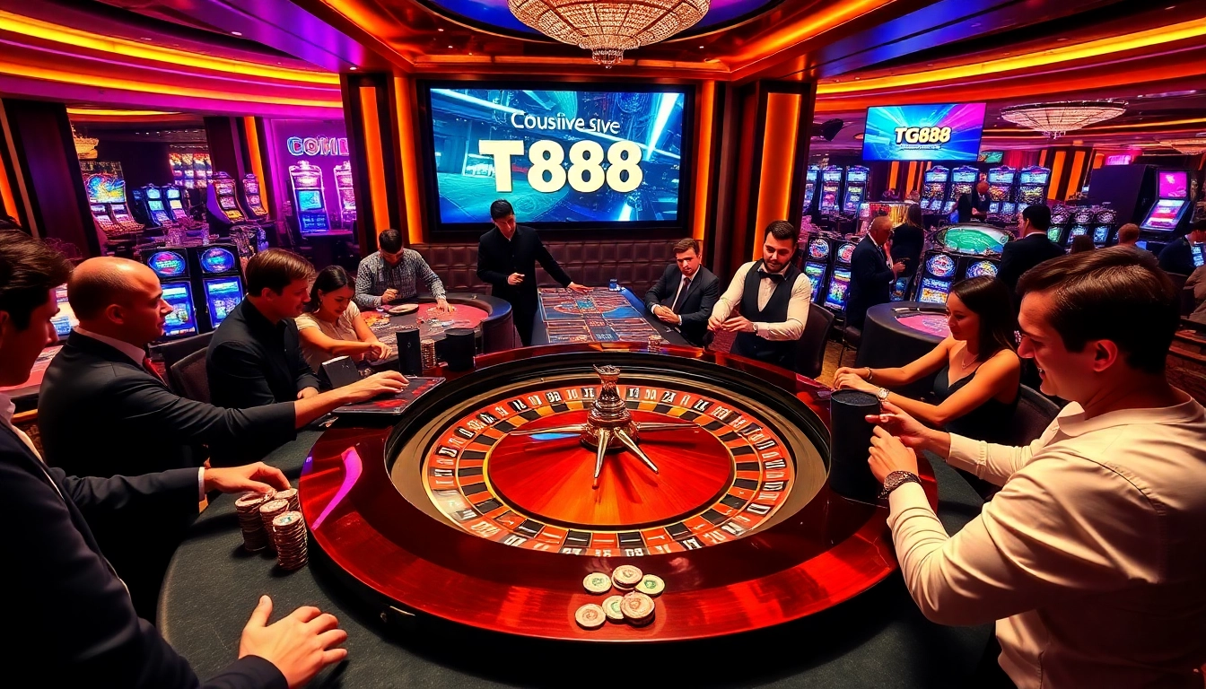 Excited players at a TG 88 casino roulette table, surrounded by vibrant slots and poker chips.