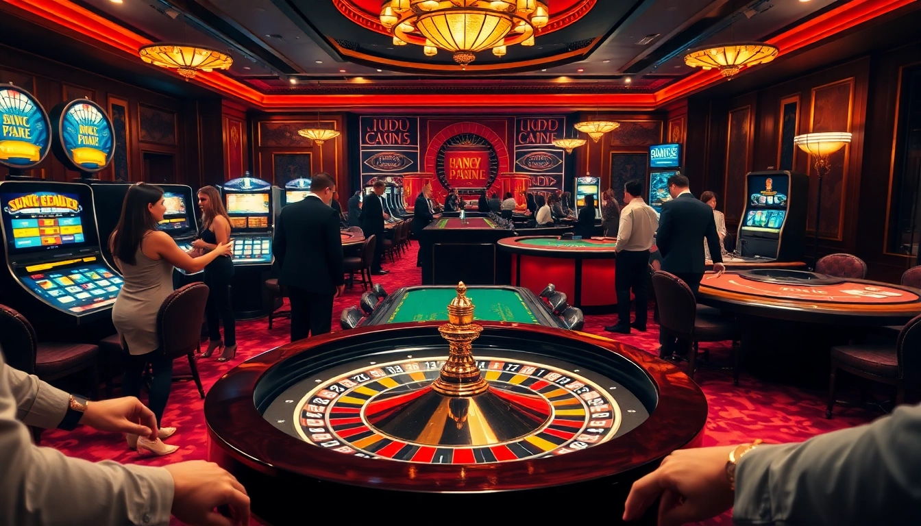 Exciting gambling scene with players at the roulette table and slot machines at https://debet.br.com/.