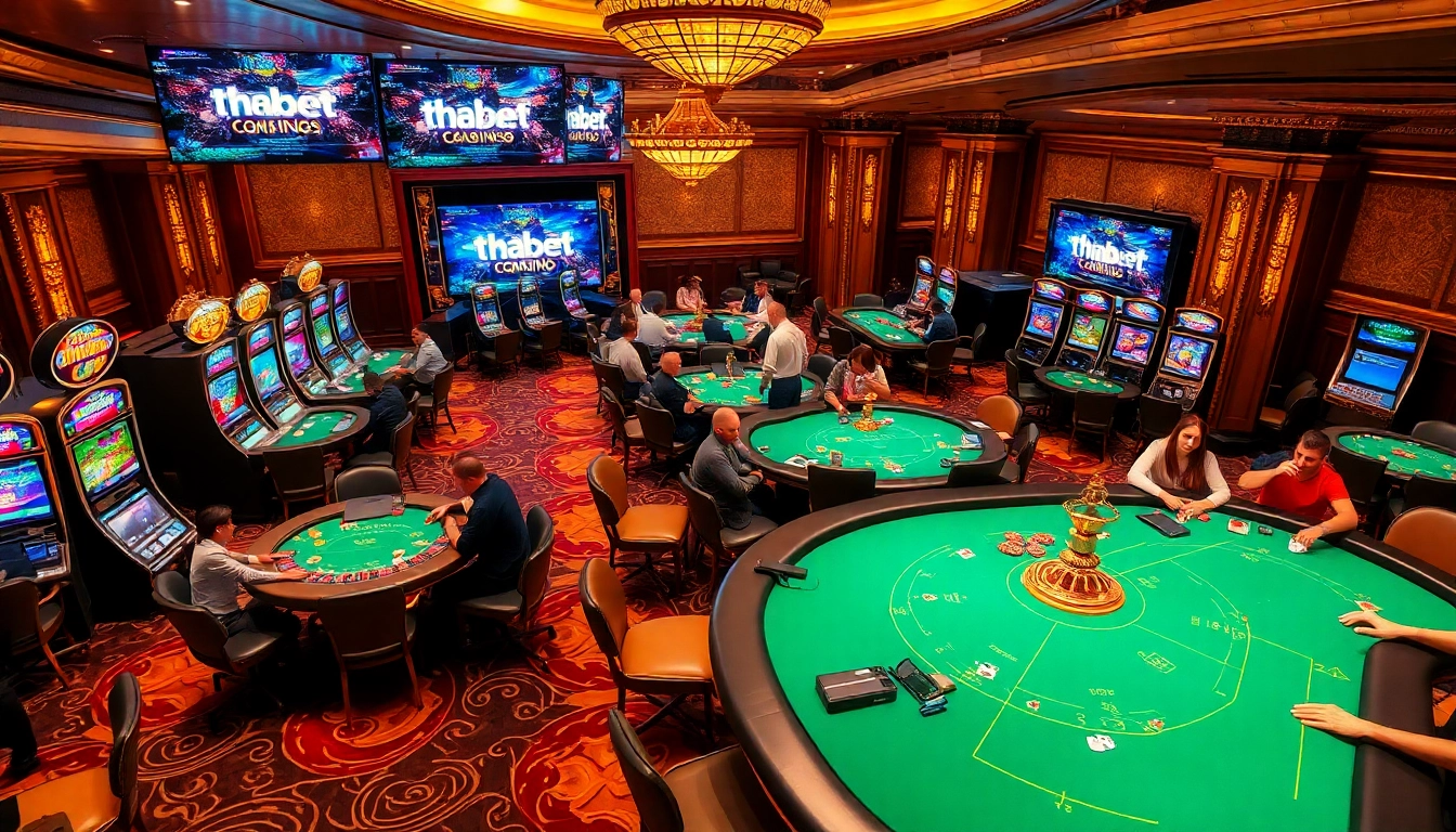 Experience excitement at thabet com with players engaging in various casino games in a luxurious setting.