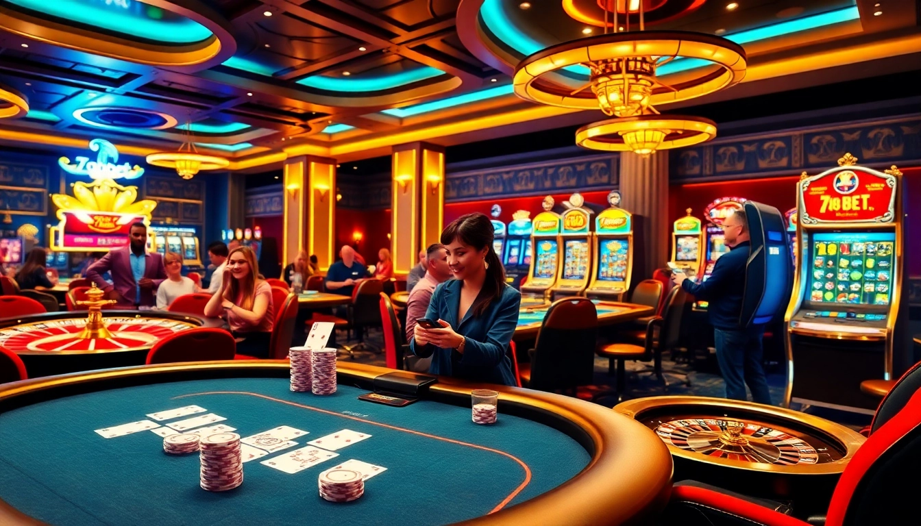 Experience thrilling gambling at 789bet with an elegant casino setting featuring poker and slot machines.